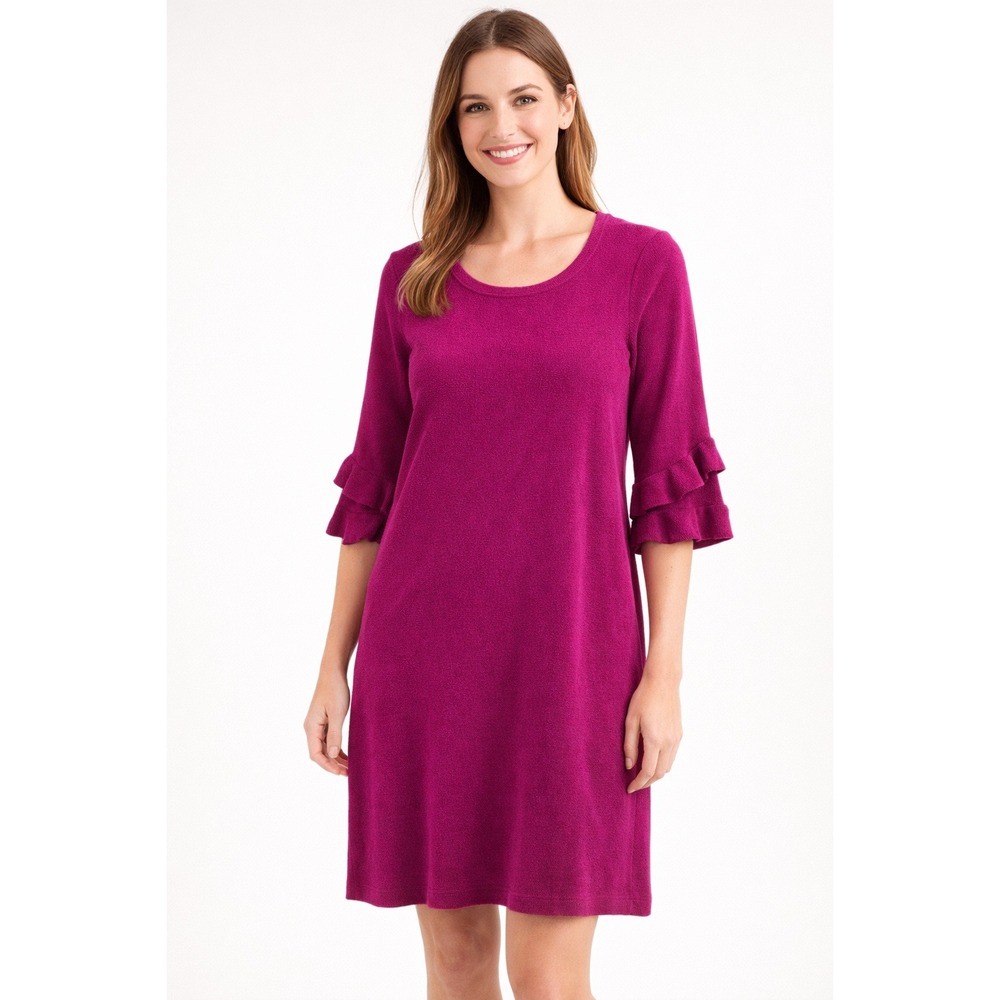 Talbots Petites Magenta Ruffle Sleeve Sweater Dress LP Pink Viscose Blend Knit‎